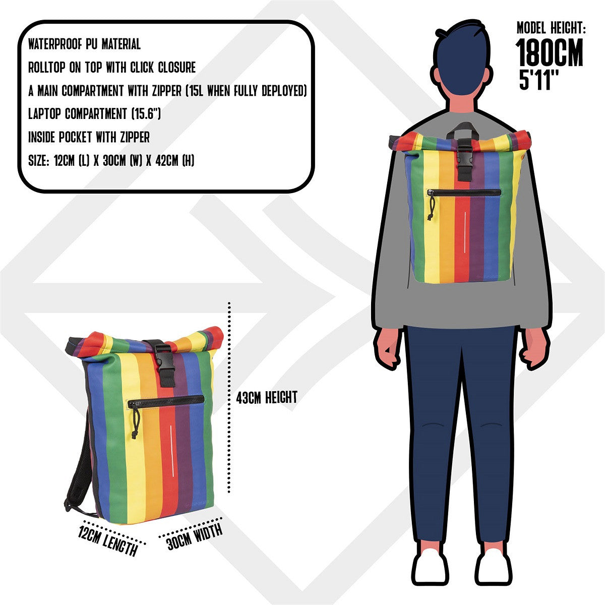 New Rebels Mart Roll Up Rolltop Kurier Rucksack New York, wasserabweisend, Laptopfach Regenbogen