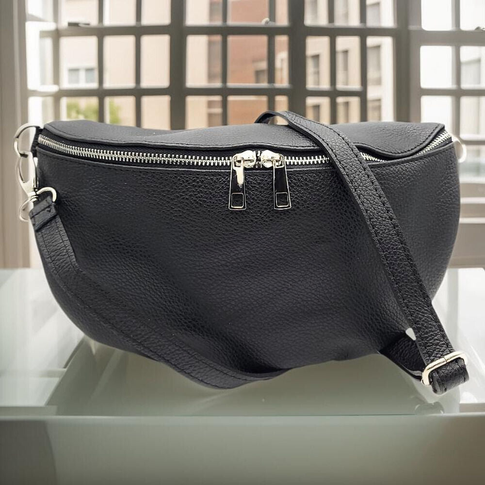 echt Leder XL Damen Crossbag Umhängetasche Schultertasche Handtasche made in Italy schwarz