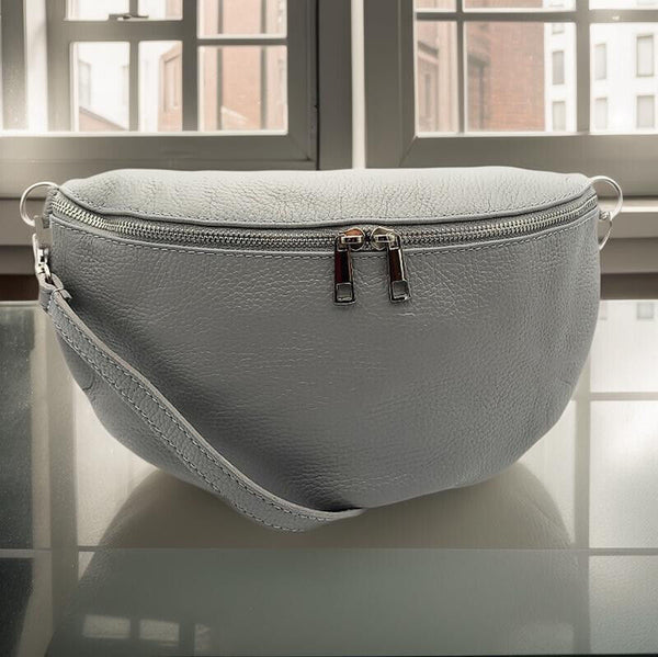 echt Leder XL Damen Crossbag Umhängetasche Schultertasche Handtasche made in Italy grau