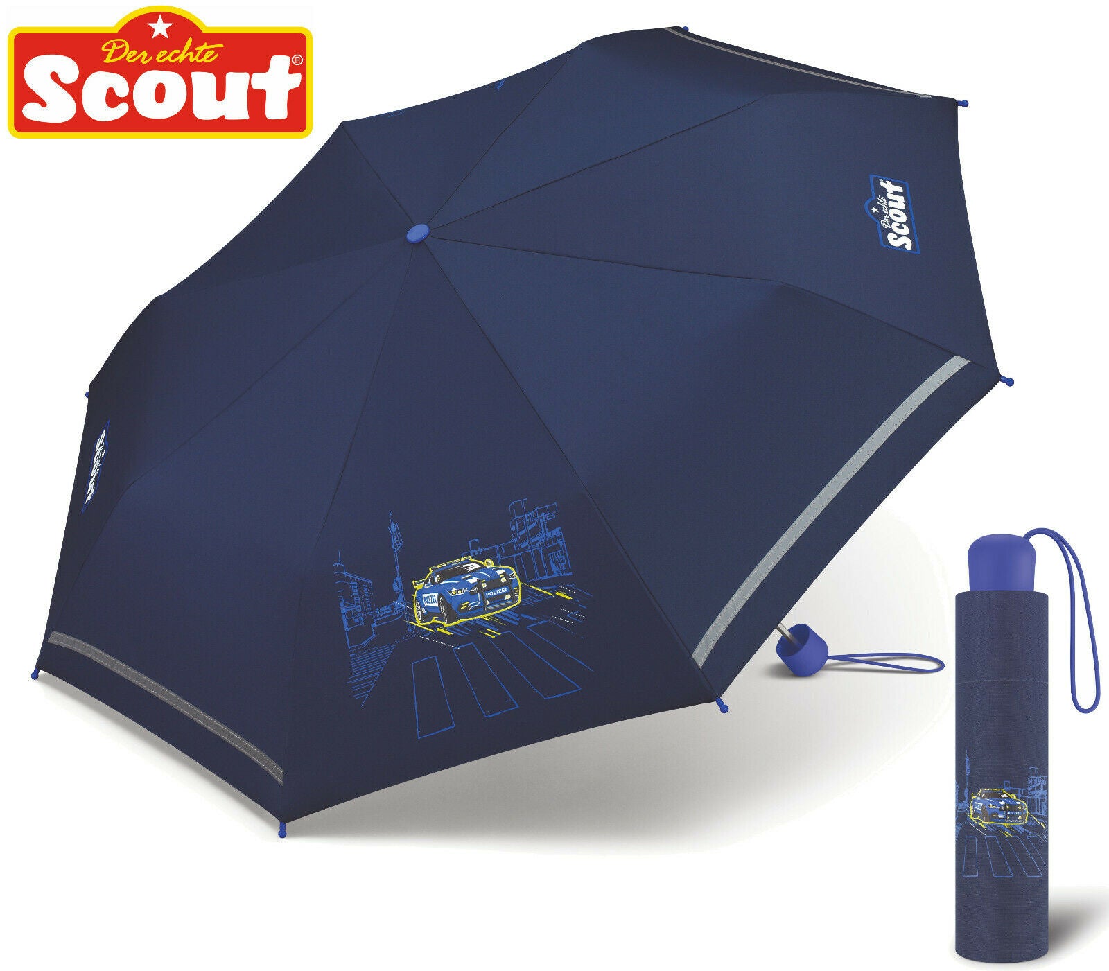 Scout Kinder Regenschirm Taschenschirm mit Reflektionsstreifen leicht Police Car Polizei Auto