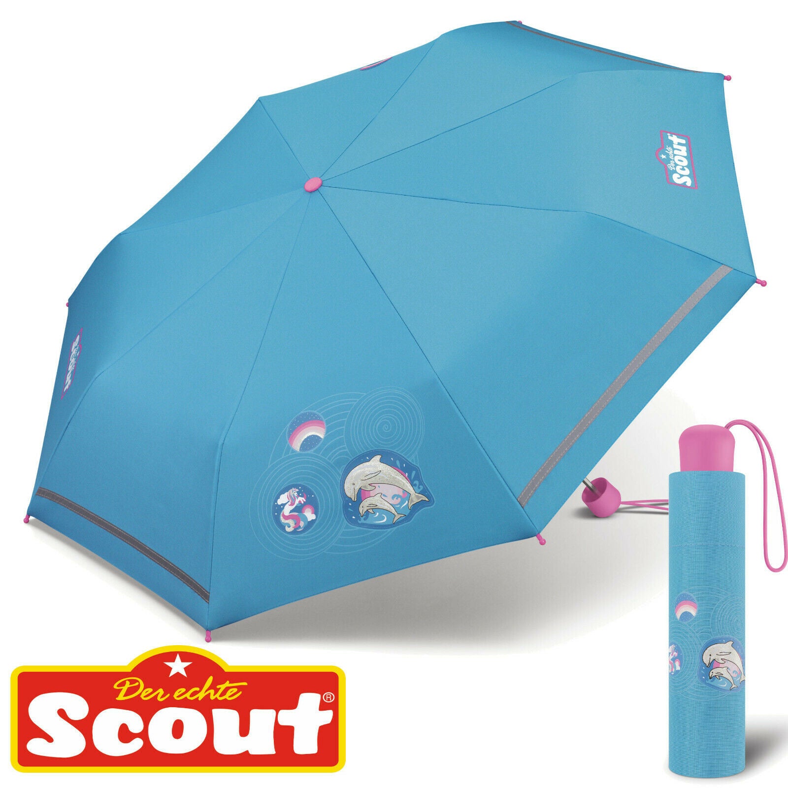 Scout Kinder Regenschirm mit Reflektionsstreifen leicht Dolphins Delfine Glitzer